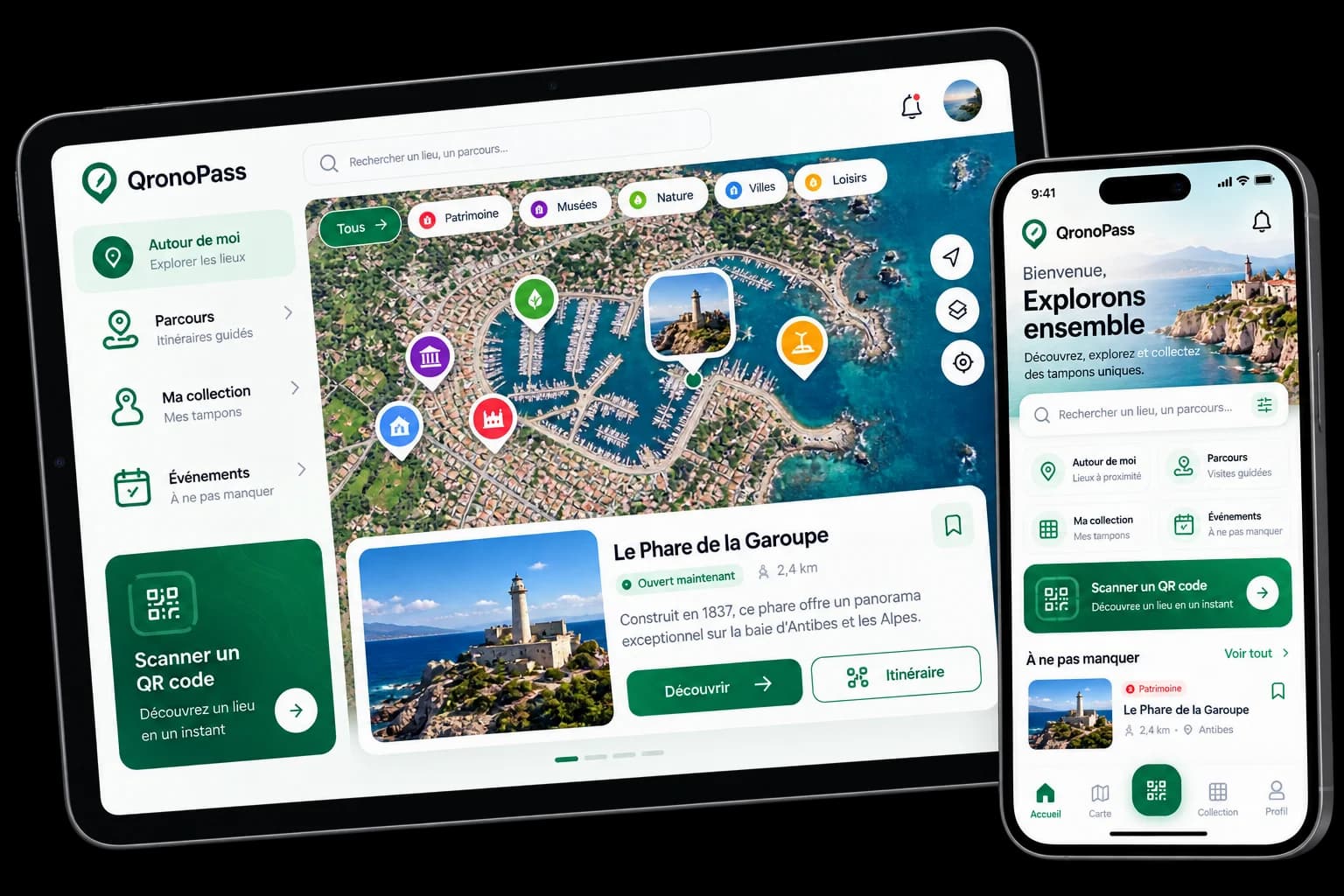 Aplikacja QronoPass na tablecie i telefonie: mapa miejsc i ekran główny