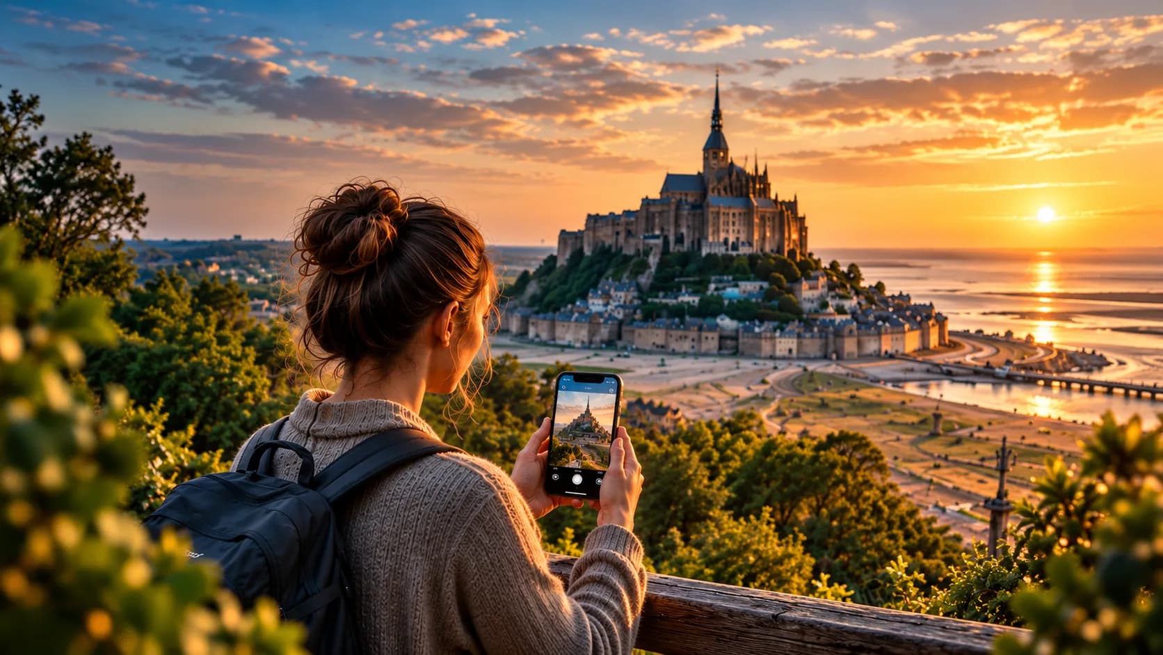 Zwiedzająca odkrywa Mont-Saint-Michel na swoim telefonie po zeskanowaniu kodu